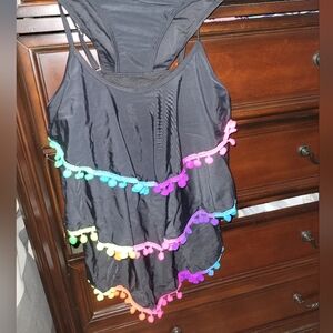 Black Swimsuit with Colorful Pom-Poms
